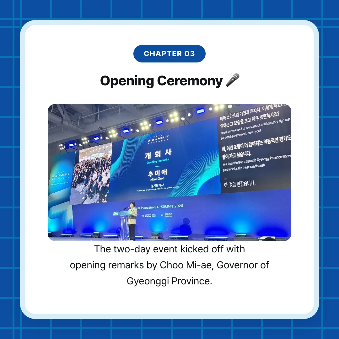chapter 03. Opening Ceremony 🎤. The two-day event kicked off with opening remarks by Choo Mi-ae, Governor of Gyeonggi Province.